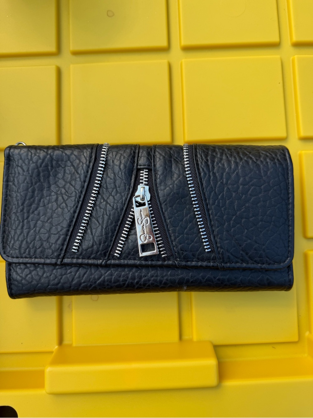 Jessica Simpson Black Pebbled Wallet with Triple Silver Zipper Accents